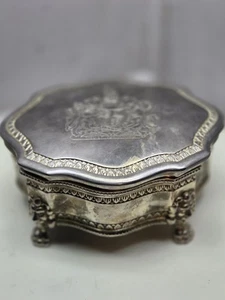 Vintage versilberte Schmuck-/Schmuckschatulle mit Fuß aufklappbar Löwe & Einhorn/Wappen - Bild 1 von 12