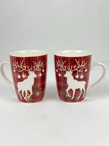 Set of 2 Canterbury Potteries "Plaid Prancer" Red Plaid Reindeer Christmas Mugs - Picture 1 of 8