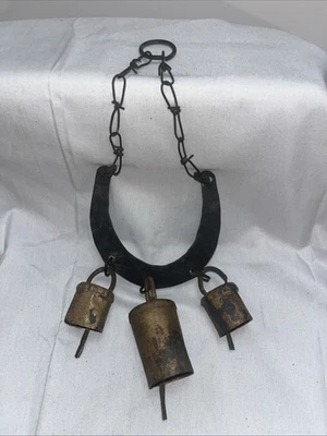 1890s Vintage Western Hand Forged  Brass Bell Horseshoe Wall Hanging - Image 1 of 4