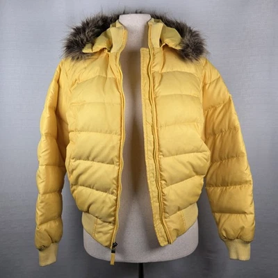 Abrigo acolchado con capucha ribete de piel amarillo Polo Jeans Co Ralph Lauren para mujer M Y2K Foto 1 de 4