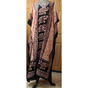 Women Long Kaftan Women One Size Maxi Dress Beach Caftan Poncho Black Elephant - Picture 1 of 3