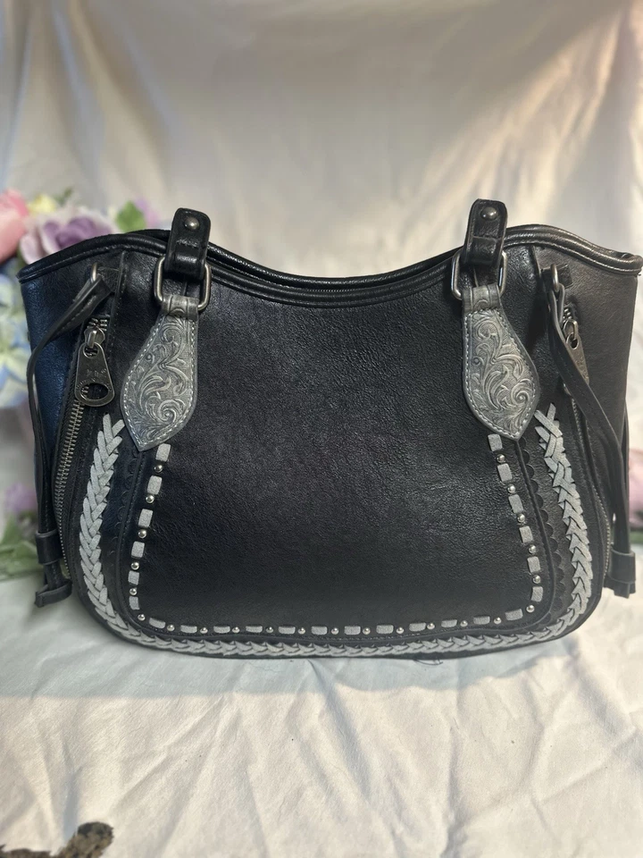 Montana West Western Handbag with Cross Fringe Bling Studs Tooling - Image 1 of 4