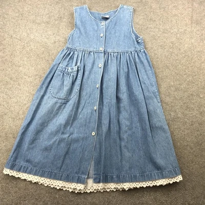Vestido Samara Vintage Niñas Grande Sin Mangas Botón Frontal Denim Bolsillo Encaje Años 90 Foto 1 de 4