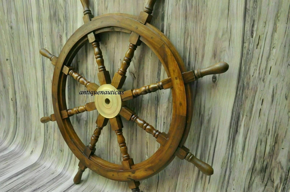 36 Inch Big Ship Steering Wheel Wooden Antique Teak Brass Nautical Pirate Ship's - Image 1 of 3