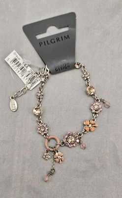 Pink Peach Rhinestone Enamel Flower Theme Silver Tone Metal Pilgrim Bracelet - Image 1 of 4