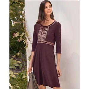 Garnet Hill Embroidered-Bodice Knit Dress Women's XS Organic Cotton Tencel Brown - Picture 1 of 12