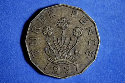 Moneda de 3 peniques de latón níquel Gran Bretaña 1937 #M24480 Foto 1 de 2