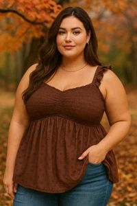 Torrid Damen Babydoll Oberteil 2X Plus braun Mokka Clip Punkte gesmokt romantisch kokett - Bild 1 von 6