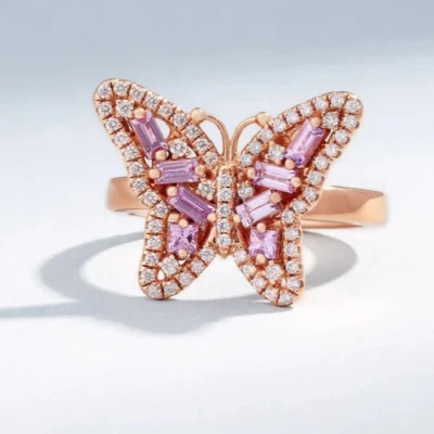 2Ct BaguetteCut Simulated Sapphire/CZ Butterfly Cocktail Ring 14k Rose Gold Over - Image 1 of 4