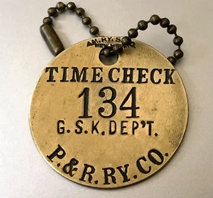 Vtg Railroad Time Check Brass Tag: PHILADELPHIA & READING RAILWAY; G.S.K. DEP'T - Picture 1 of 1