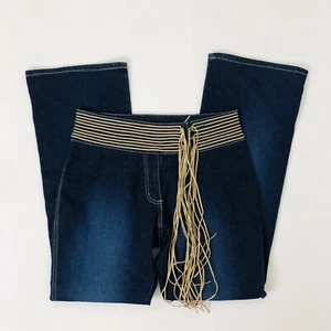 Vintage 90s High Rise Fringe Belted Western Flare Wedgie Jeans 30 Womens Blue - Picture 1 of 9
