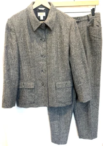 Talbots Blazer Pant Suit Set Womens Italian Wool Silk Tweed Herringbone 16 Blue - Picture 1 of 16