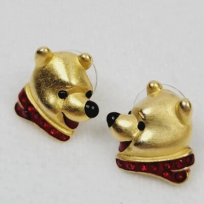 Disney Winnie The Pooh Stud Earrings Gold Tone with Red Rhinestones Signed VTG - Image 1 of 4