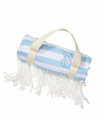 NWT VICTORIAS SECRET MONOGRAM BLUE WHITE STRIPED FRINGE BEACH BLANKET 34"x64" - Image 1 of 4