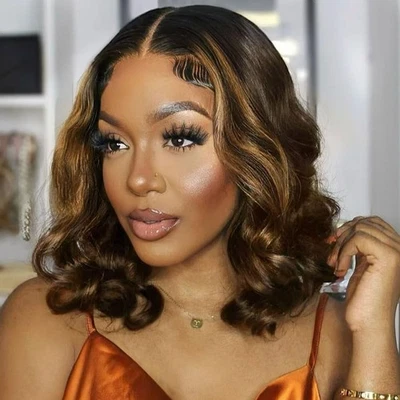 Peluca Bob sin pegamento frontal de encaje corporal resaltado 6x5 mscoco 14" cabello humano - Wear & Go Foto 1 de 4