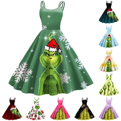 UK Women The Grinch PRINT Strappy Christmas Xmas Party Swing Fancy Dress Dresses - Image 1 of 4