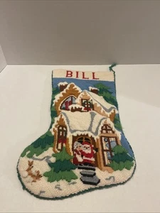 Needlepoint Multicolor Christmas Lrg Stocking 15” W/The Name Bill,1970s Vintage - Picture 1 of 6