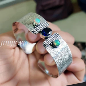 Tanzanite & Fire Opal Gemstone 925 Sterling Silver Bangle Cuff Beauty Jewelry - Picture 1 of 5