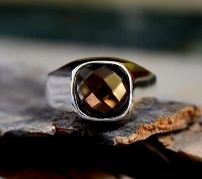 Anel masculino de prata esterlina 925 sólido marrom natural quartzo fumê pedra preciosa sinete - Imagem 1 de 4