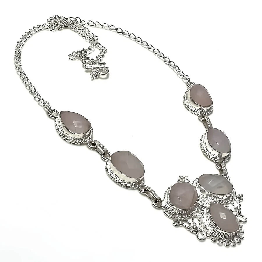 Collar de joyería de plata de ley 925 hecho a mano con piedras preciosas de cuarzo rosa talla 18"" Foto 1 de 1