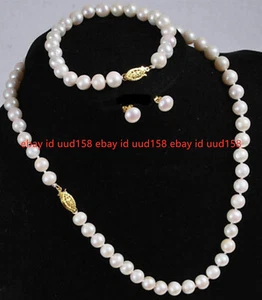 Real Natural 7-8MM White Akoya Cultured Pearl Necklace Bracelet Earring Set - Picture 1 of 12