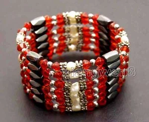 4-5mm Natural White Pearl Bracelet for Women with Red Crystal & Hematite 36'' - Picture 1 of 6