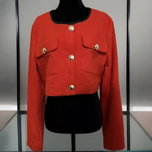 Neu mit Etikett Anthropologie Maeve Tweed-Sakko kurz rot mit blauem Besatz Gr. 14 Knopfleiste - Bild 1 von 24