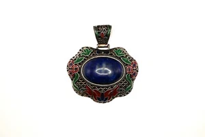 A Very Large Size Vintage Chinese/Tibetan Silver Enameled Lapis Lazuli Pendant - Picture 1 of 6