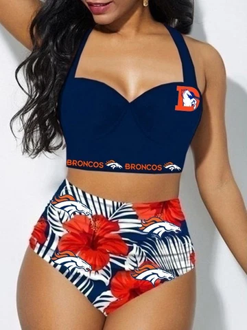 Denver Broncos 2Pcs High Waist Bikini Set Halter Low-cut Swimsuit Beach Swimwear Cover