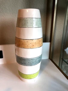 Large Vintage Ceramic Rae Dunn Saks Vase Stripes & Dots Blue Brown Green White - Picture 1 of 7