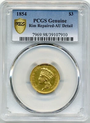 1854 US $3 Indian Princess Head Gold Coin - PCGS AU Detail - Image 1 of 2