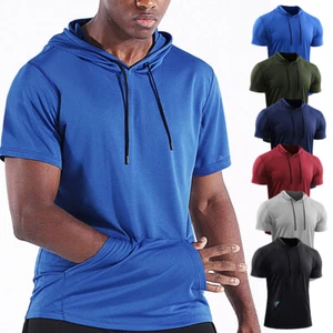 Summer Mens Short Sleeve Hooded Sport T Shirt Sportswear Tops Hoodie Fitness Tee - Picture 1 of 32