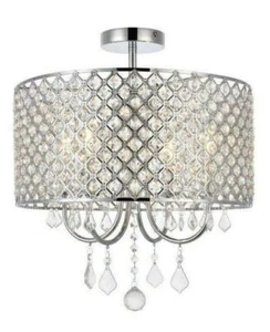 Round Shade with Crystals 4 Light Chrome Flush mount Chandelier Ceiling Fixture - Picture 1 of 9