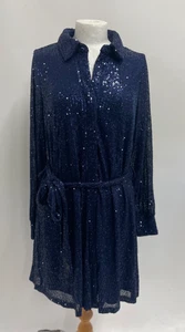 Ladies MELA LONDON Navy Blue Sequin Sparkle Tie Waist Shirt Dress, Tunic Size 14 - Picture 1 of 8