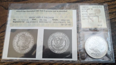 1885-O Morgan Silver Dollar ANACS MS60/63 Old Photo grade Cert with cool holder! - Image 1 of 4