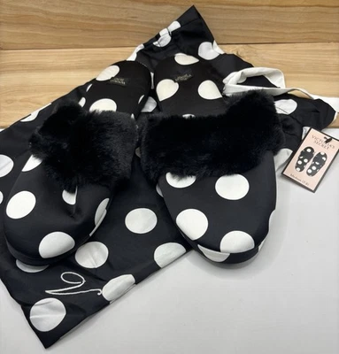 Тапочки Victoria's Secret фирменные атласная меховая отделка черные белые точки средний размер 7-8 - Изображение 1 из 4