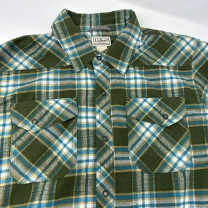LL Bean Katahdin Performance Flannel Shirt Mens L Green Plaid Western Cozy Warm - Picture 1 of 9