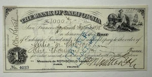1881 The Bank of California Bill of Exchange San Francisco 1000 Fr Rothschild - Picture 1 of 1