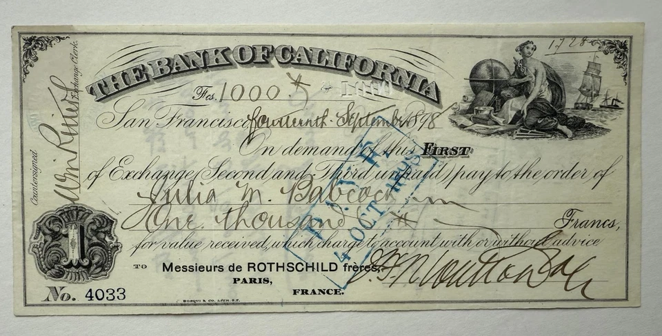 1881 The Bank of California Bill of Exchange San Francisco 1000 Fr Rothschild - Image 1 of 1