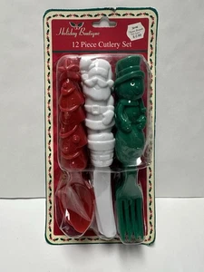 VINTAGE NWT CHRISTMAS CUTLERY 12 PIECE SET PLASTIC REUSABLE SANTA SNOWMAN TREE - Picture 1 of 4