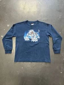Vtg Distressed Y2K Skater Top Heavy Blue Tiger Flame Long Sleeve T Shirt Youth M - Picture 1 of 9