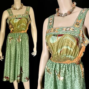 1970s Border Print Polyester Sundress, Green, Orange Floral, Bird Print, Sm-Med. - Bild 1 von 8