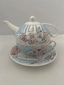 AYNSLEY Tea Cup Saucer Teapot Tea for One Fine Bone China Dog Family - Picture 1 of 19