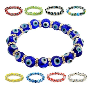 EVIL EYE BRACELET 10mm Glass Lampwork Bead Stretch Good Luck Kabbalah Protection - Picture 1 of 22
