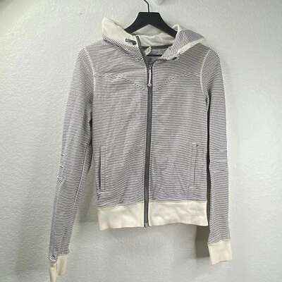 Lululemon Jacket Hoodie Women's Gray White Sz 8 Micro Stripes Zip Up Thumb Holes - Image 1 of 4