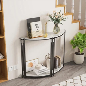 Modern Marble Half Moon Console Table with Shelves Accent Table Side End Table - Picture 1 of 12
