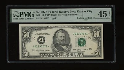 DBR 1977 $50 FRN Kansas City STAR Fr. 2119-J* PMG 45 EPQ Serial J01397071* - Image 1 of 2