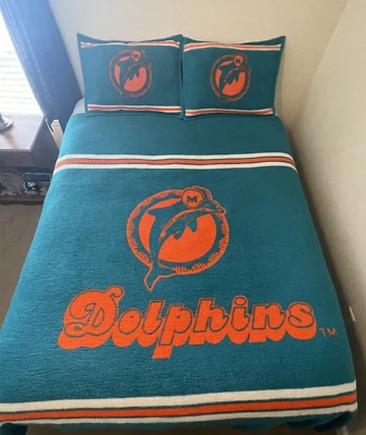 Edredón Biederlack Tamaño Completo Años 90 De Colección + 2 Fundas de Almohada + Manta Miami Dolphins Foto 1 de 4