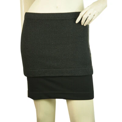 Mini-saia elástica Iro preta mistura de lã algodão acabamento em couro tamanho 36 - Imagem 1 de 4