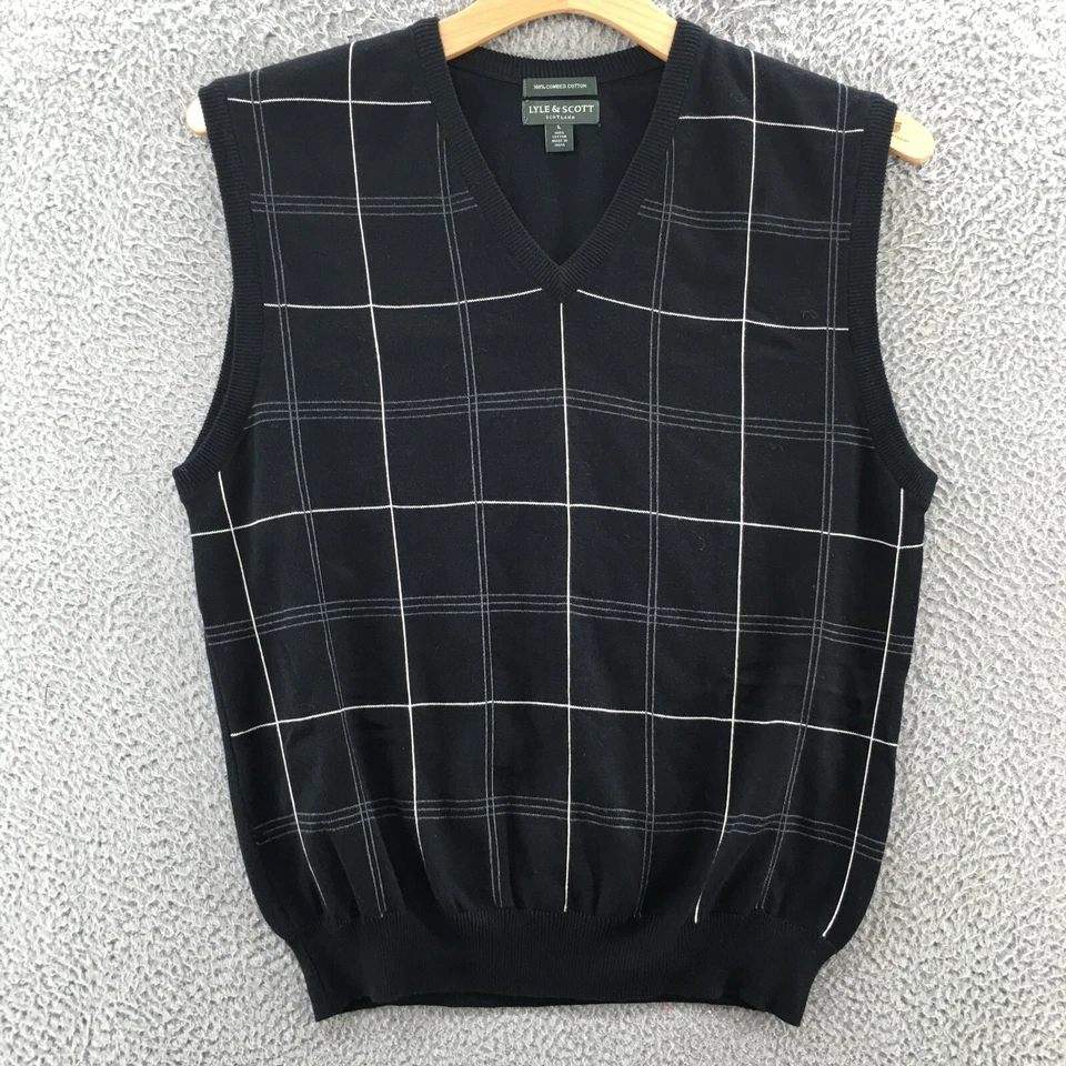 Chaleco Suéter Lyle & Scott Para Hombre L Negro Algodón Escocés Cuello en V Sin Mangas Foto 1 de 4